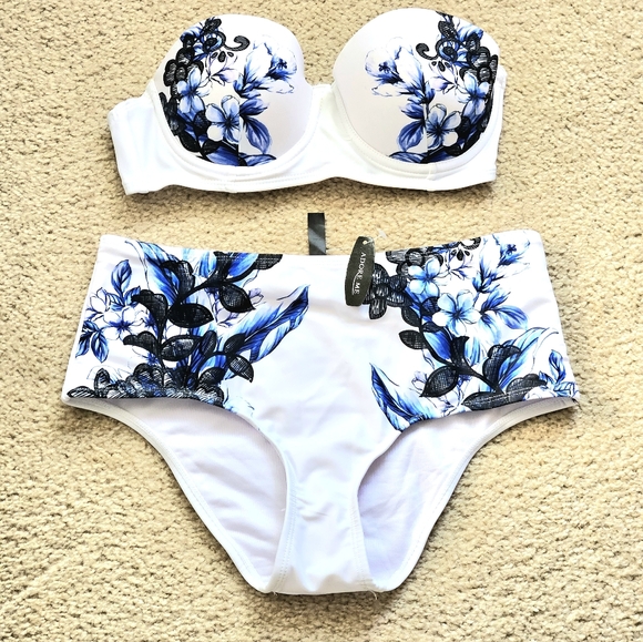 Womens 2 Pc High Waist Bikini White Blue Black Floral Removable Straps SM/XS - Picture 2 of 6